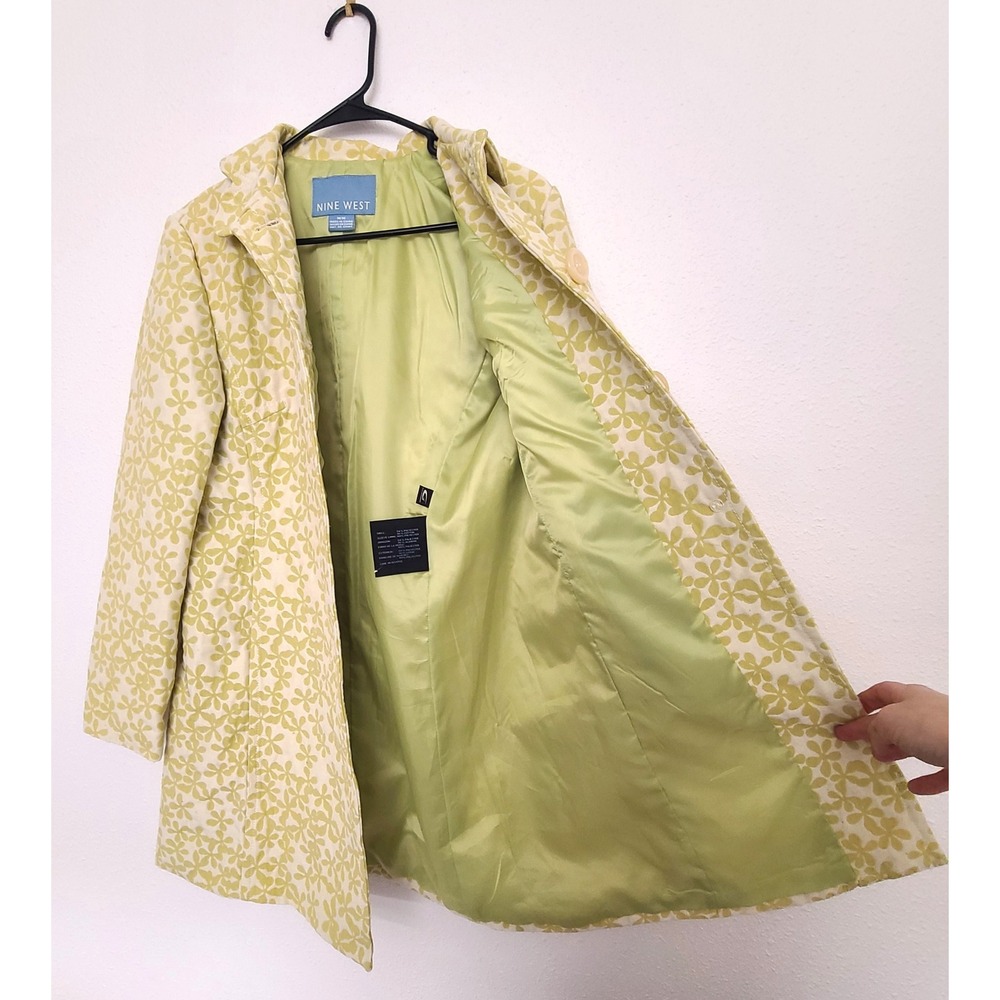 Nine West Sz M Lime Green Yellow Spring Floral Pea Coat Jacket Tailored Retro - Picture 3 of 11